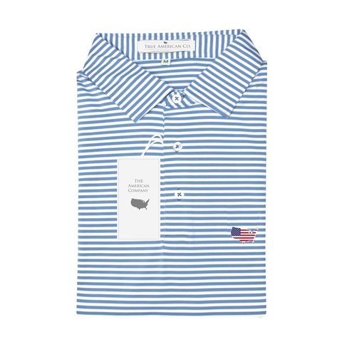 USA Lake Blue & White Classic Stripe Performance Polo - Knit Collar