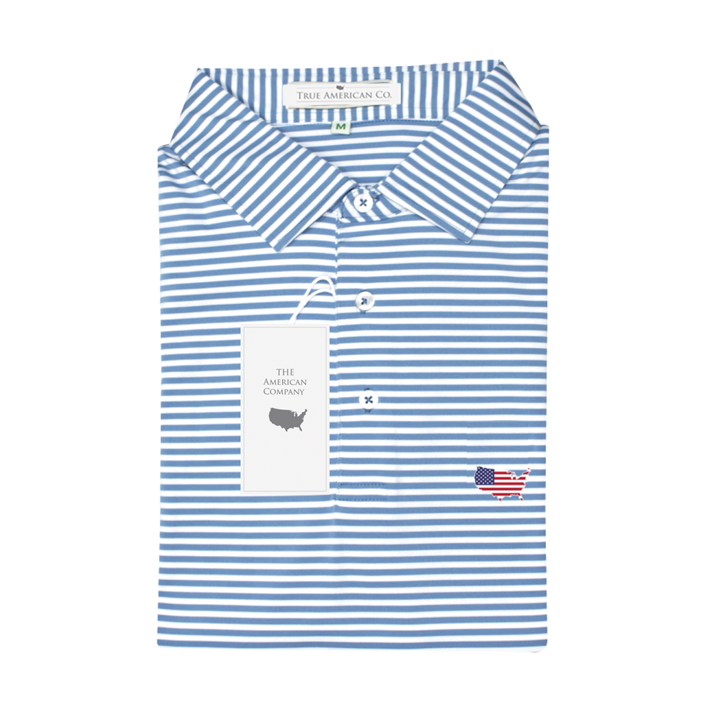 USA Sky Blue & White Classic Stripe Performance Polo - Self Collar