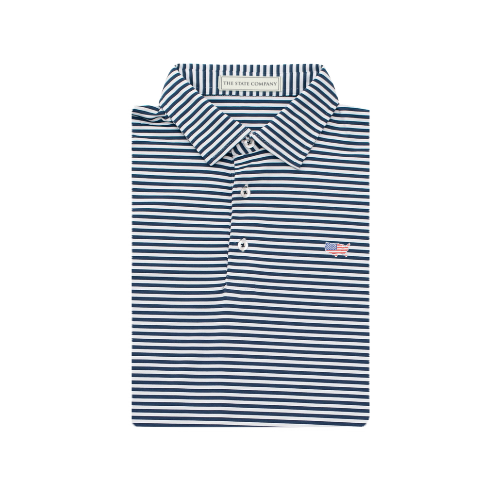 American Co. Navy & White Classic Stripe Performance Polo - Self Collar