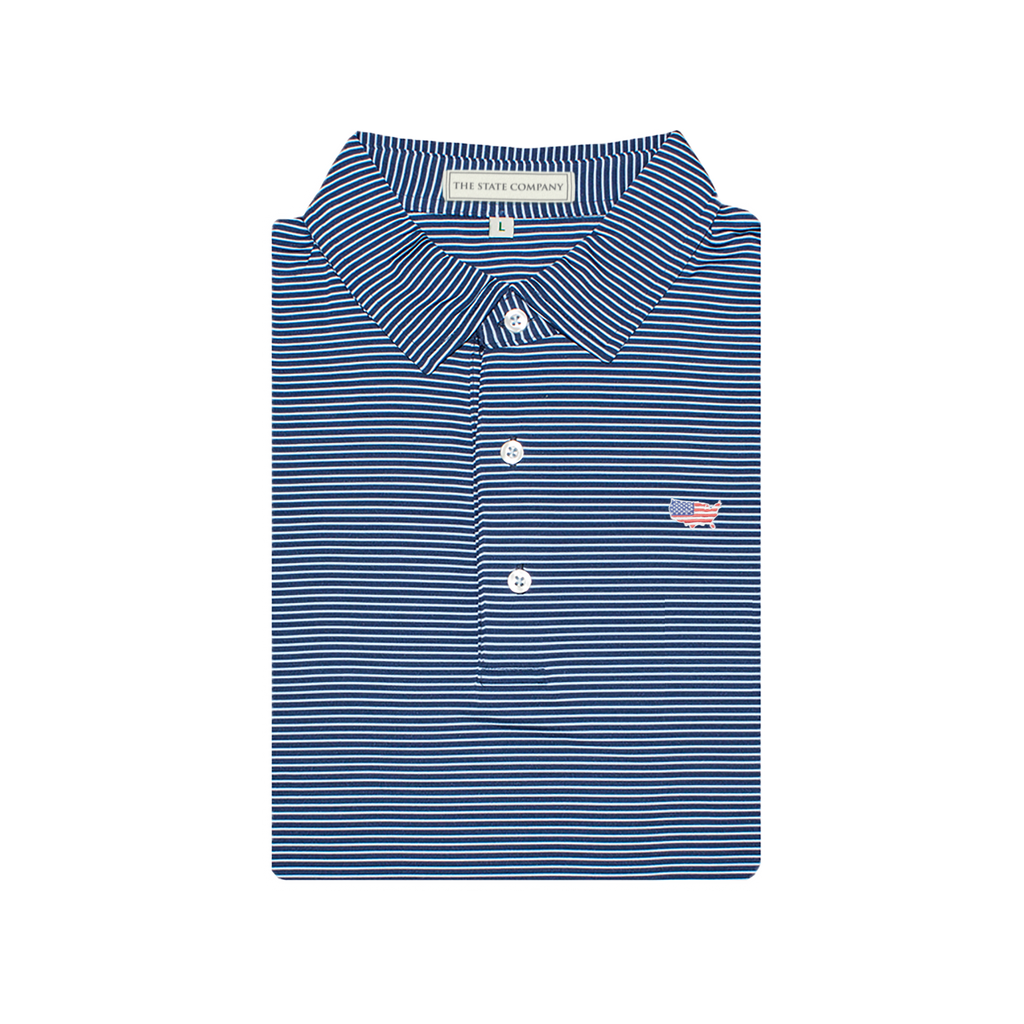 USA Flag Outline Navy & Powder Blue Azalea Stripe Performance Polo - Self Collar