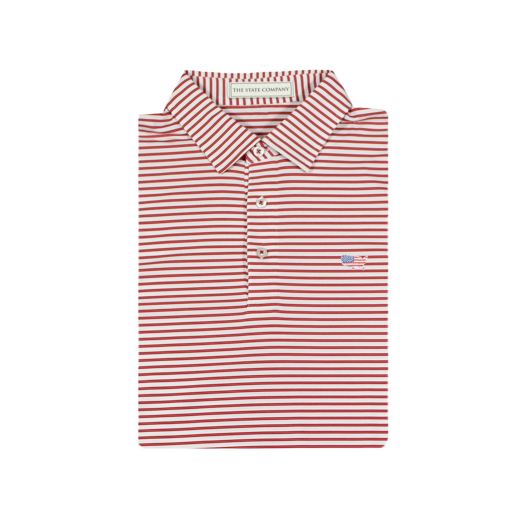 Red & White USA Outline Honeysuckle Stripe Performance Polo