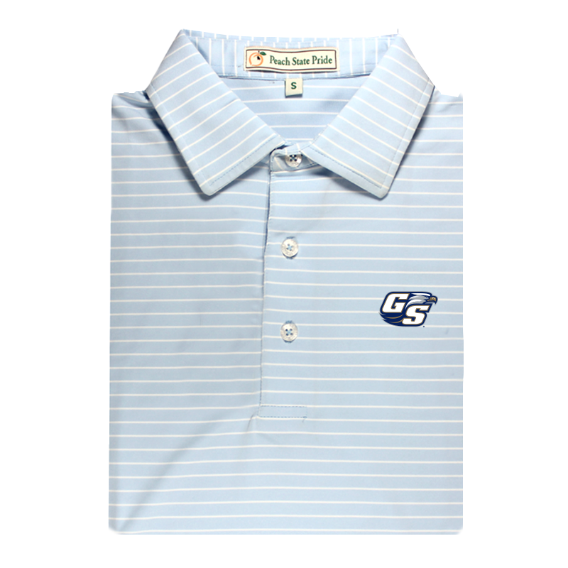 GSU Sky Blue & White Magnolia Stripe Performance Polo - Self Collar